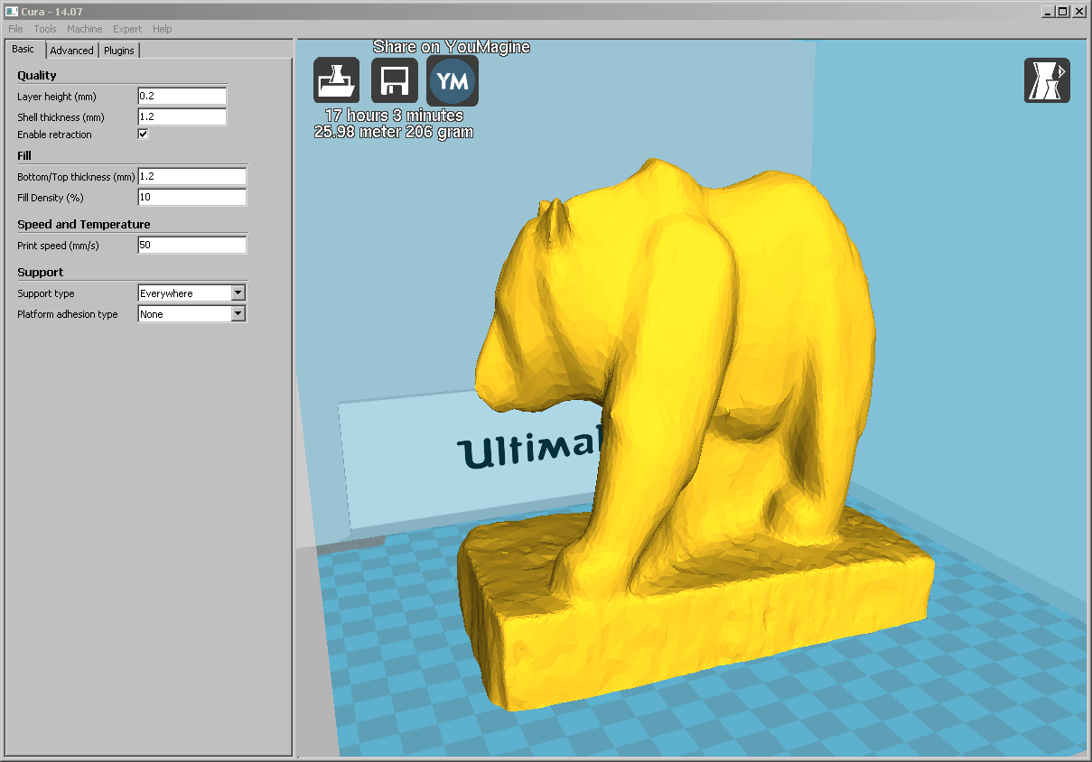 Screenshot aus Cura von der Machbarkeitsprüfung des Drucks des Bären im Massstab 1:2 auf dem Ultimaker 2