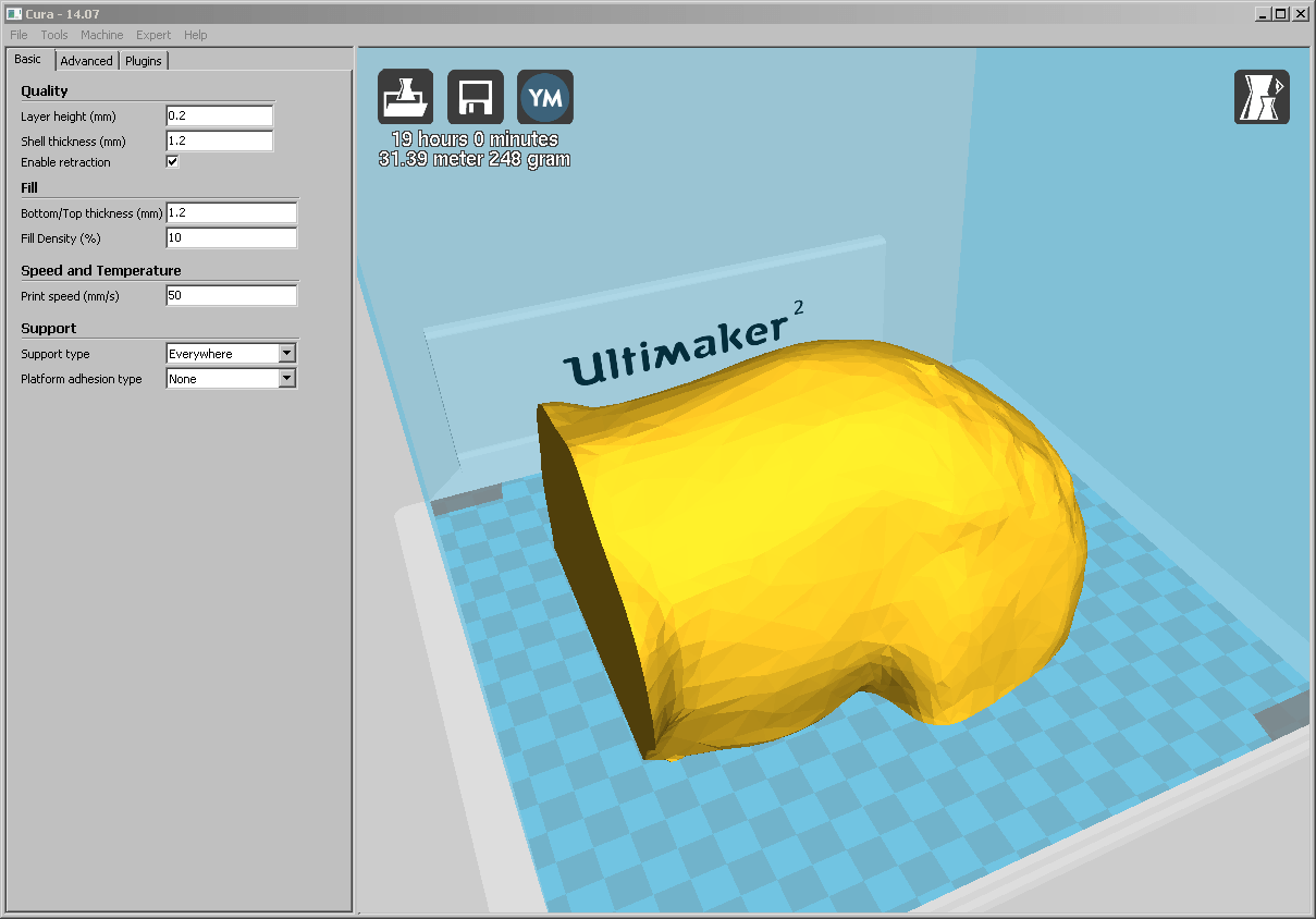 Screenshot aus Cura von der Machbarkeitsprüfung eines der vier Teile des Bären
