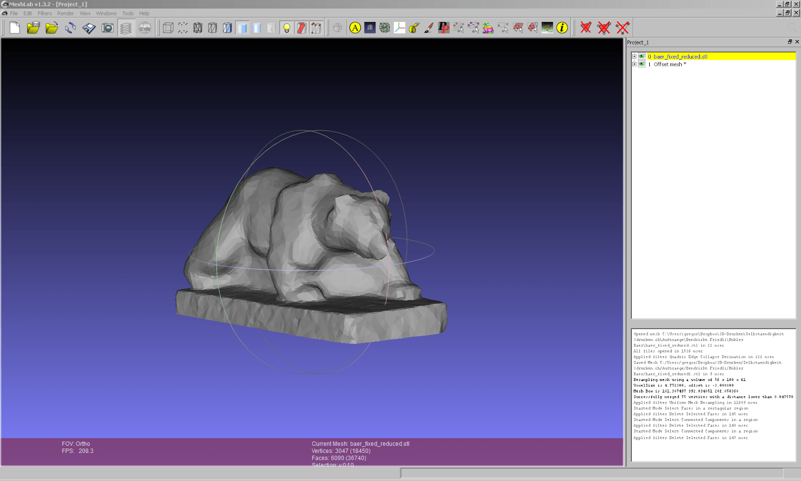 Screenshot aus Meshlab vom Aushöhlen des Bären