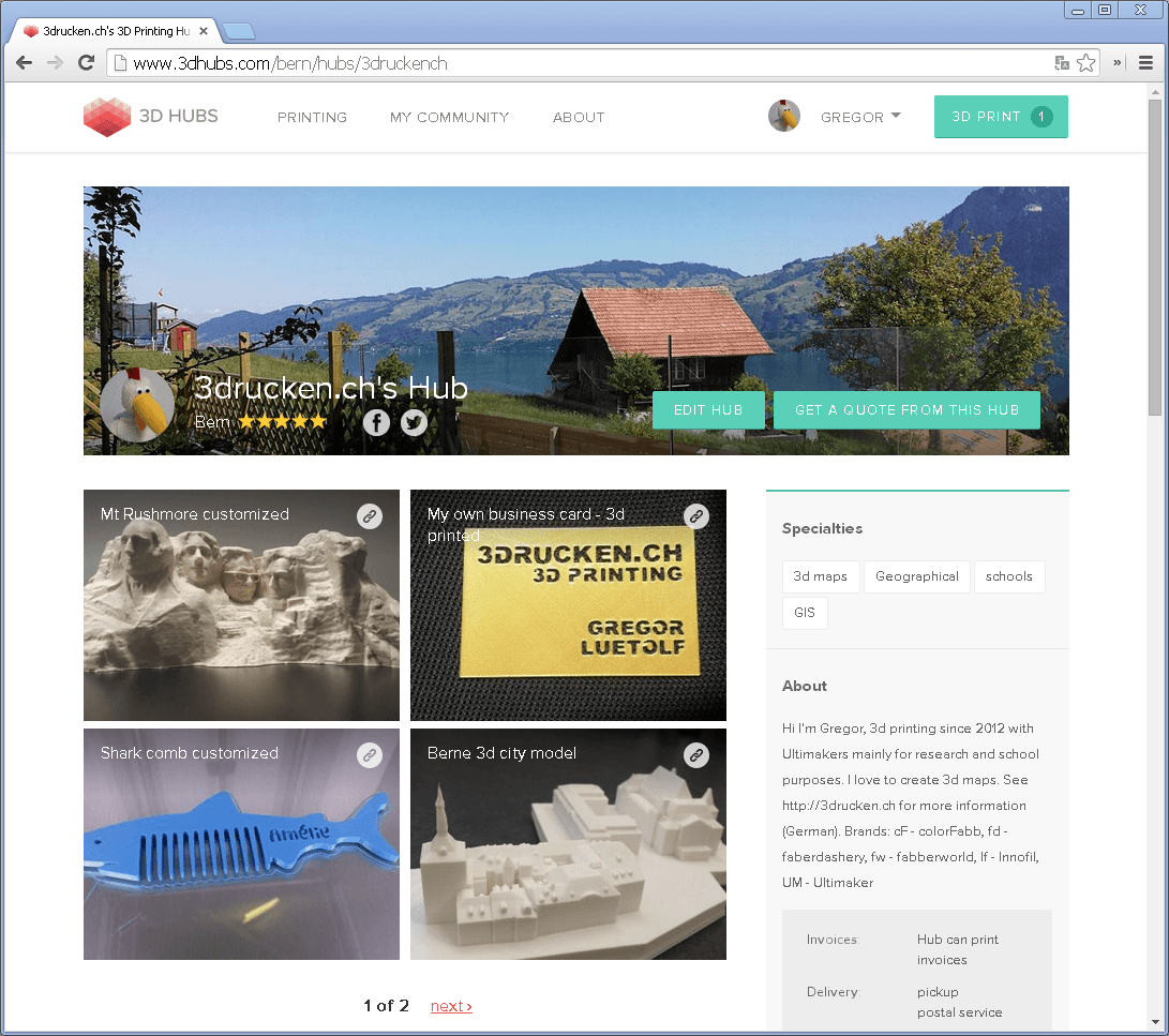 Screenshot unseres Hubs bei 3DHubs über den ihr eure 3D-Modelle drucken lassen könnt