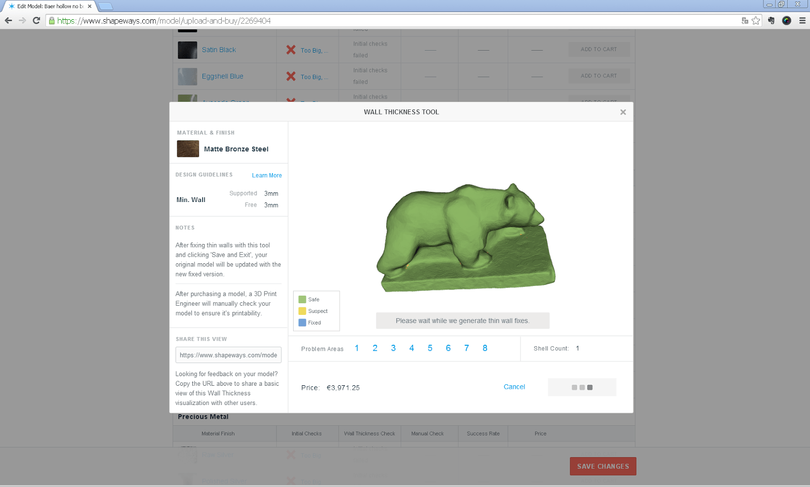 Screenshot von der Prüfung des ausgehöhlten Bären durch Shapeways