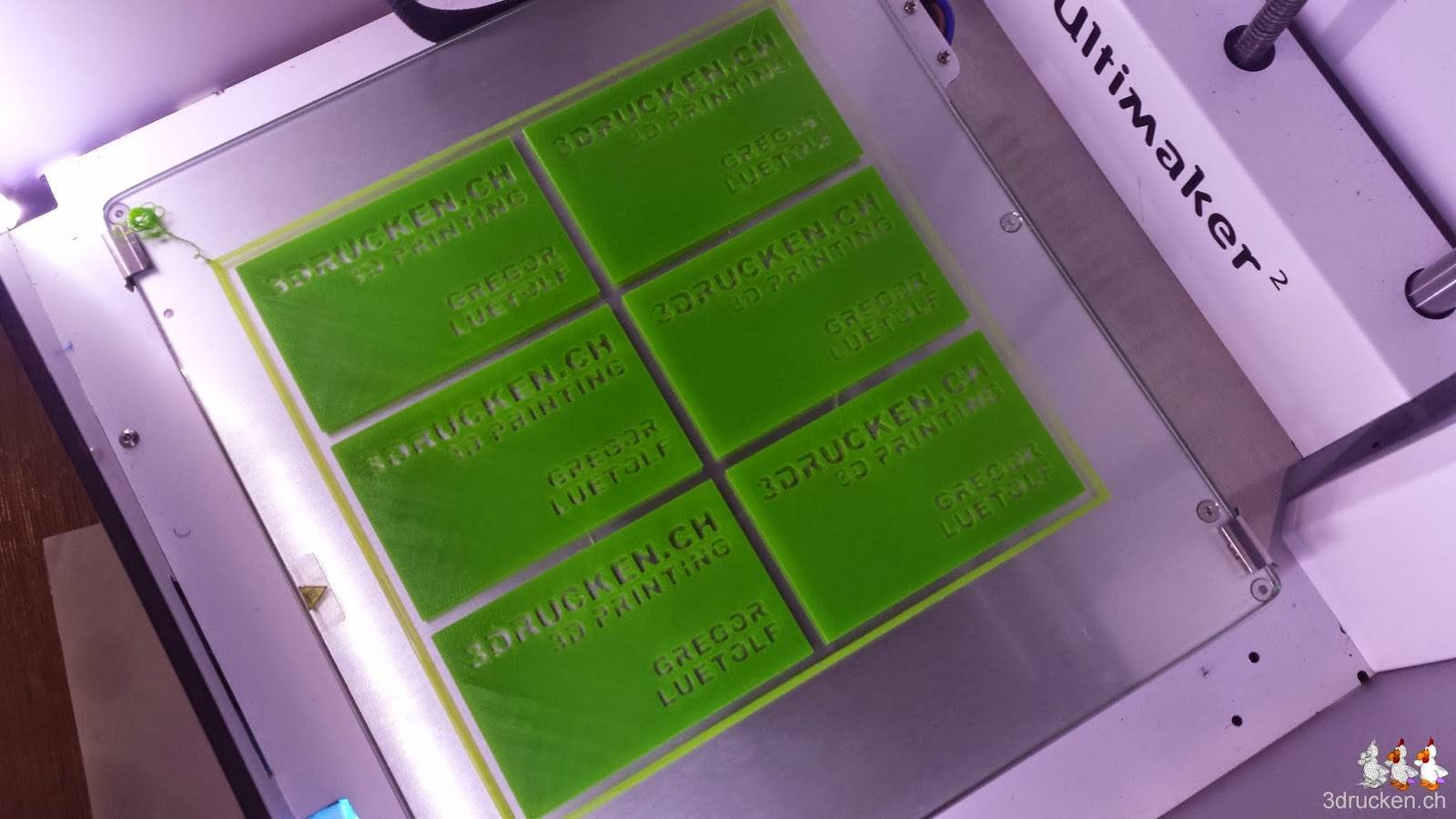 Foto der sechs erfolgreich gedruckten Visitenkarten auf dem Drucktisch des Ultimaker 2