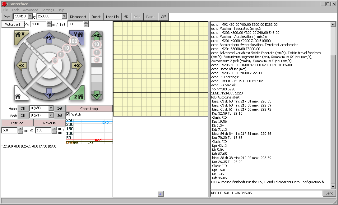 Screenshot aus Pronterface vom PID-Autotuning am Ultimaker 2