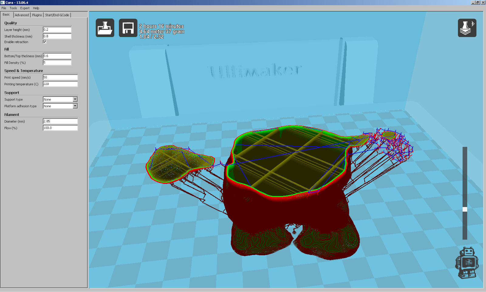 Screenshot aus Cura beim Slicen des Güggels mit Mesmixer Support