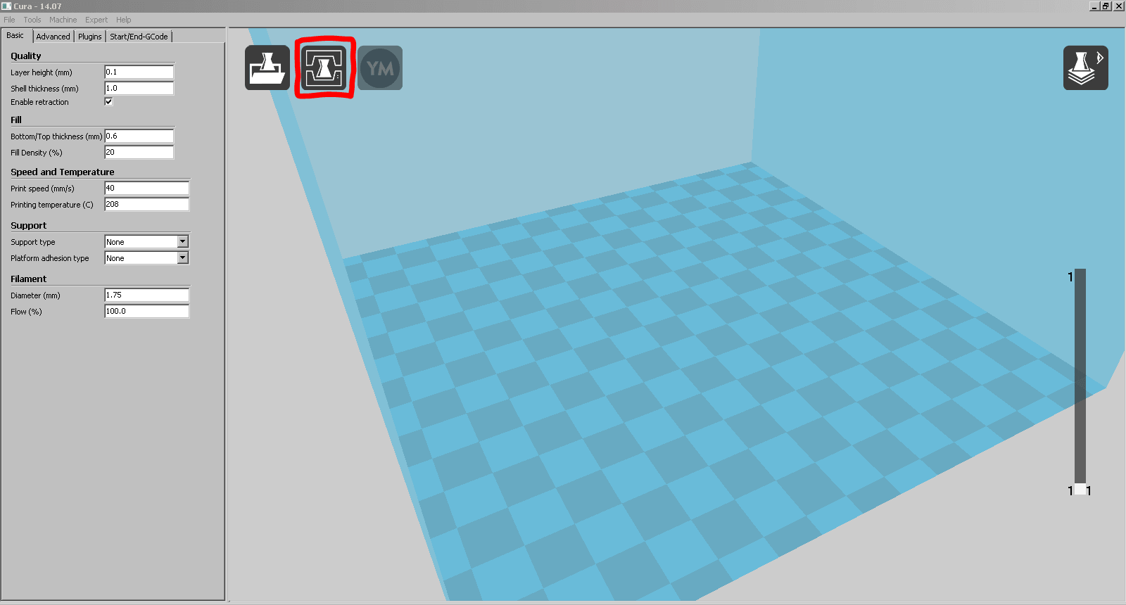 Screenshot aus Cura mit unsichtbarem Modell als GCODE geladen und mit markiertem Knopf Print with USB