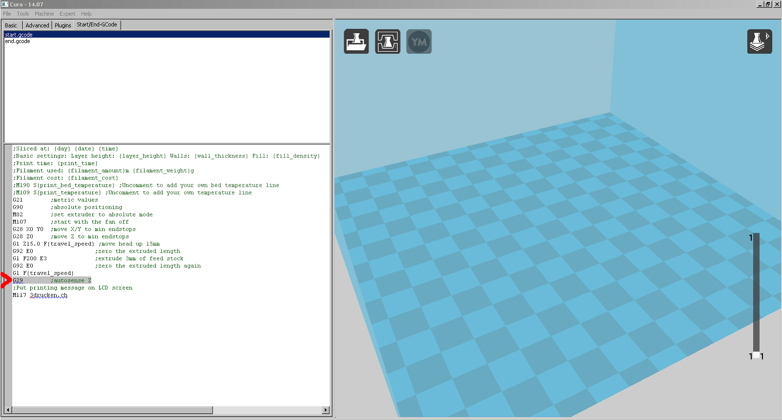 Screenshot des Start-GCODE mit dem Befehl G29 in Cura