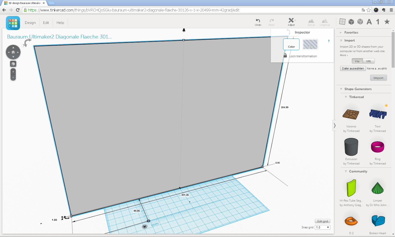 Screenshot der auf dem Ultimaker 2 maximal druckbaren Fläche mit 1 mm Stärke in Tinkercad