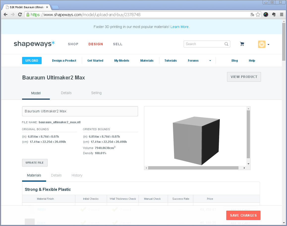 Screenshot der maximal druckbaren Box auf dem Ultimaker 2 in Shapeways