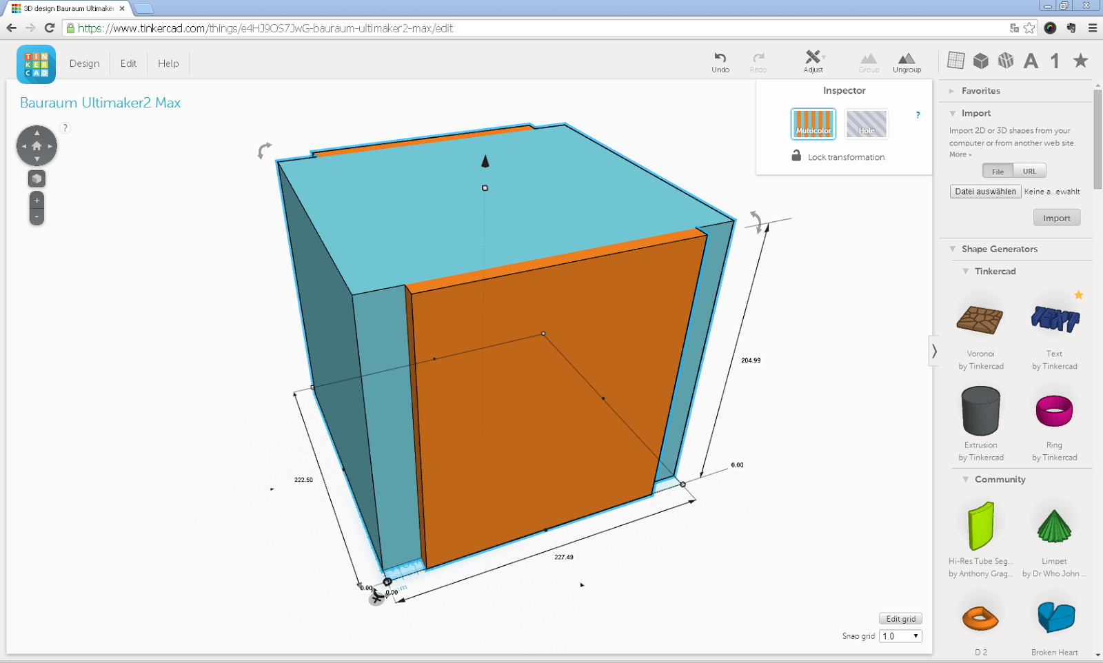 Screenshot des maximalen Bauvolumens des Ultimaker 2 in Tinkercad