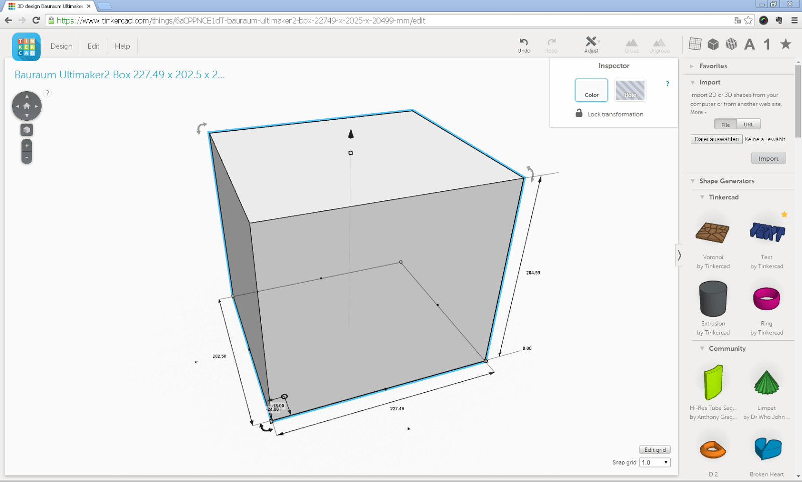 Foto der maximal druckbaren Box auf dem Ultimaker 2 in Tinkercad