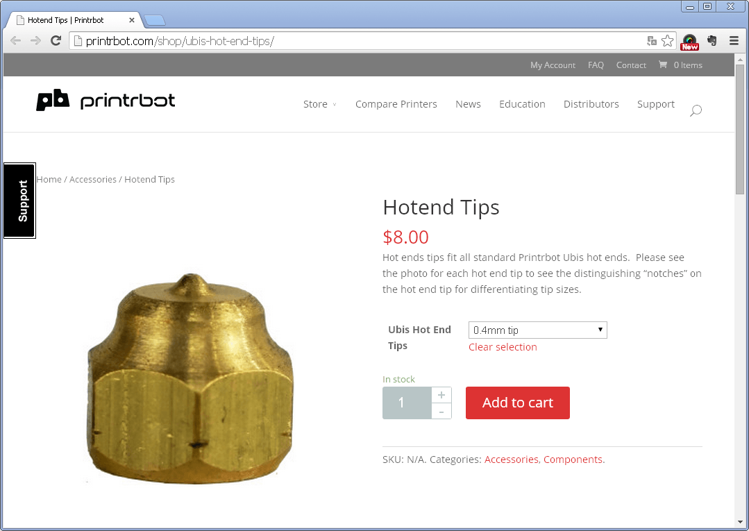 Screenshot aus dem Printrbot Webshop welcher eine Düse mit den dazugehörigen Spezifikationen zeigt