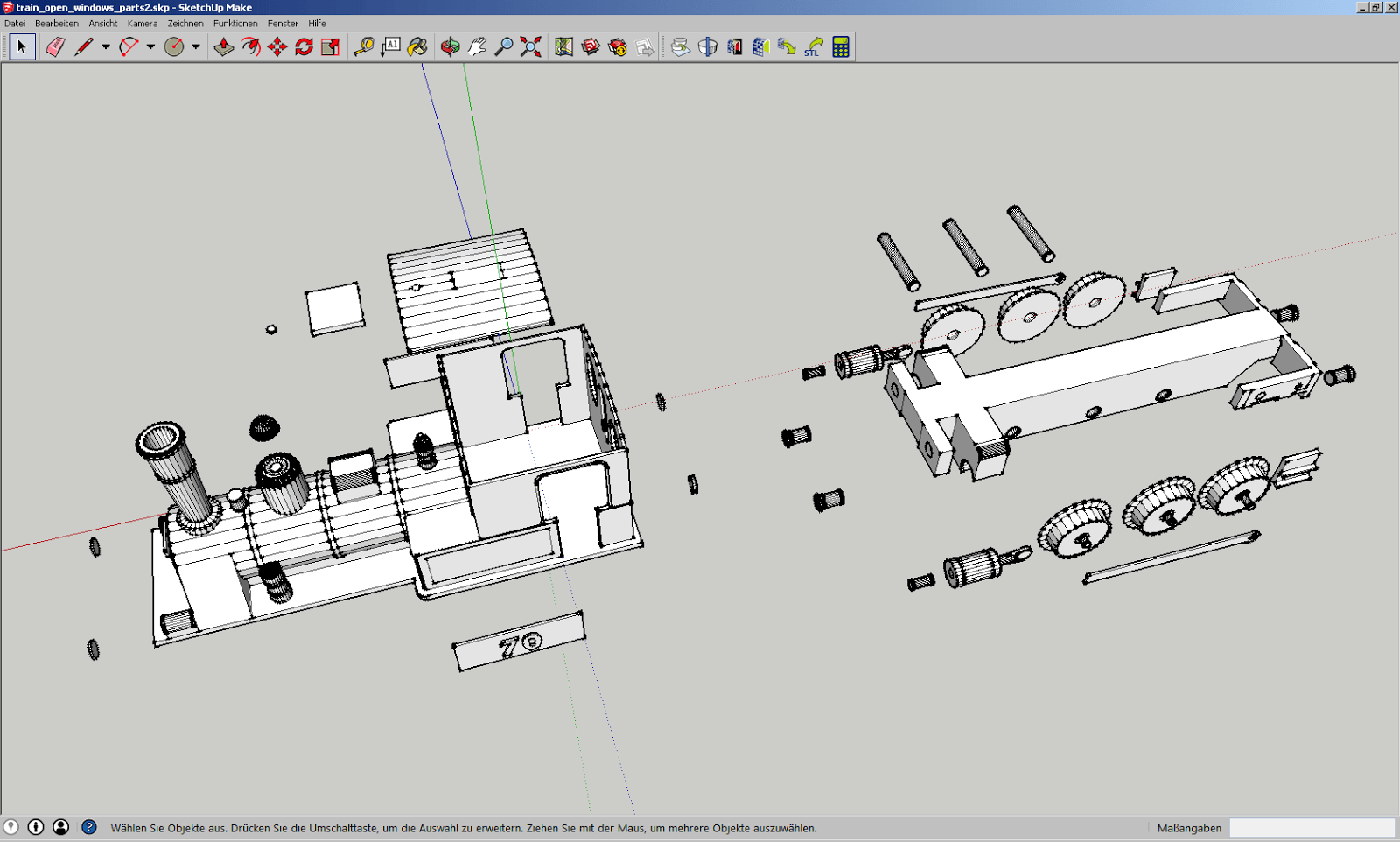 Screenshot der Einzelteile der Lokomotive in Sketchup