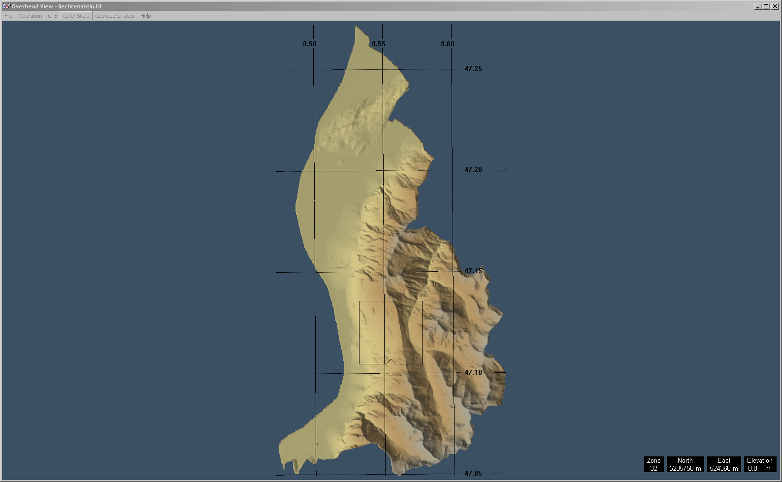 Screenshot aus 3DEM mit dem geladenen GeoTIFF von Liechtenstein