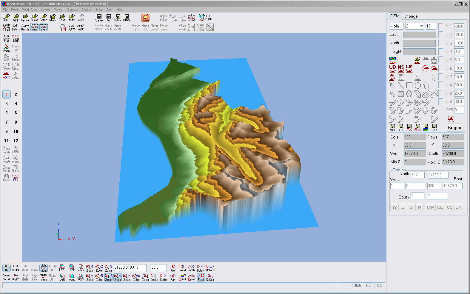 Screenshot aus AccuTrans 3D mit der Darstellung der DEM Daten Liechtensteins