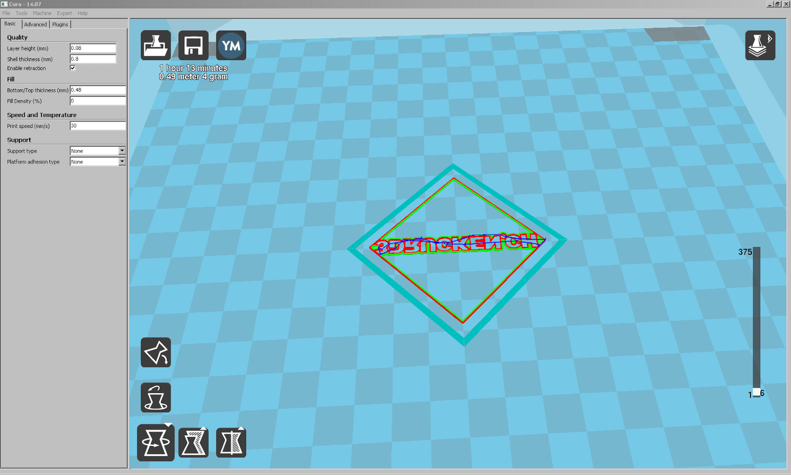 Screenshot aus Cura mit kombinierten Einstellungen damit nur der Schriftzug als Boden gedruckt wird