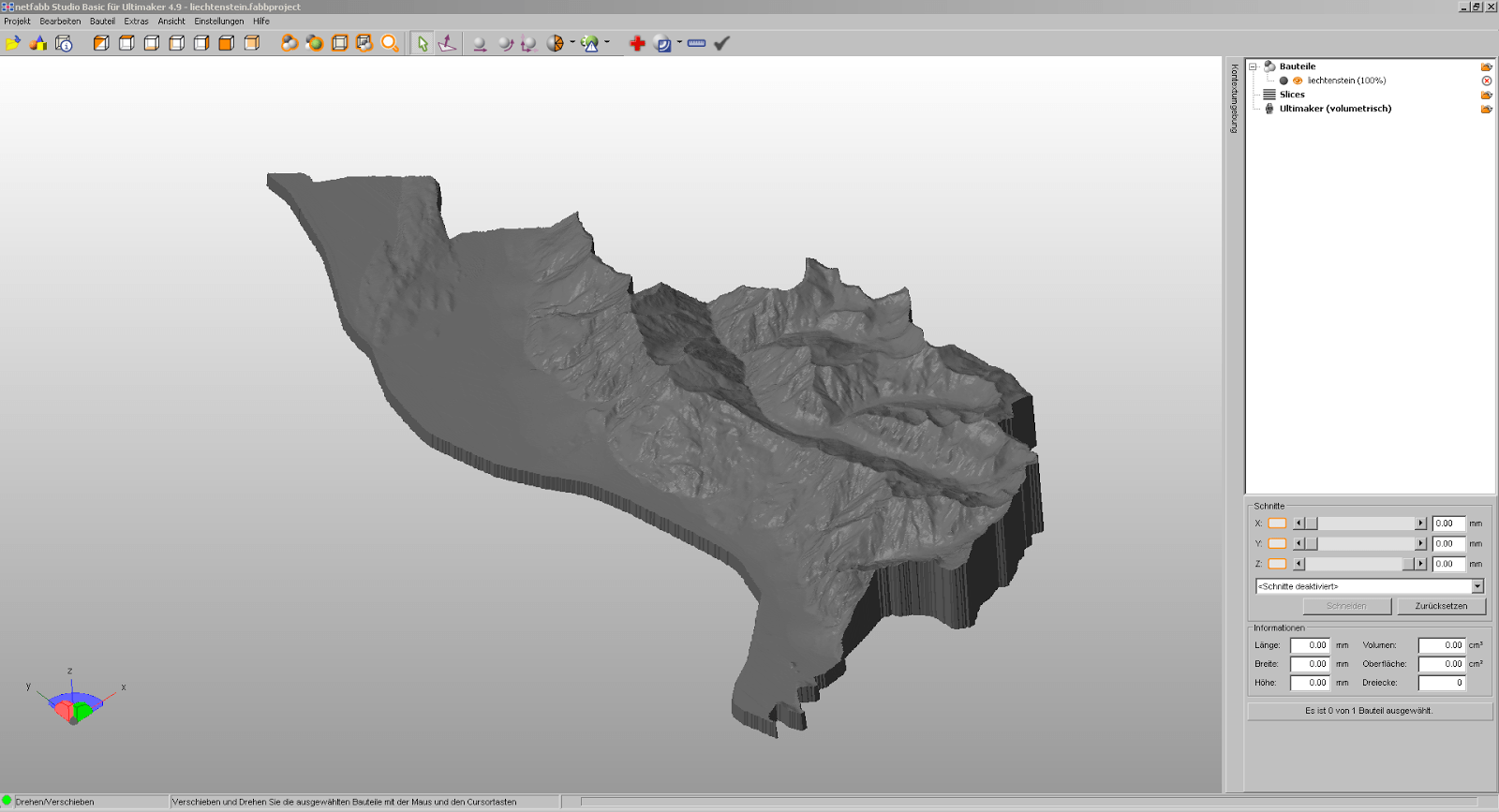 Screenshot aus Netfabb Studio mit komplettem Relief von Liechtenstein