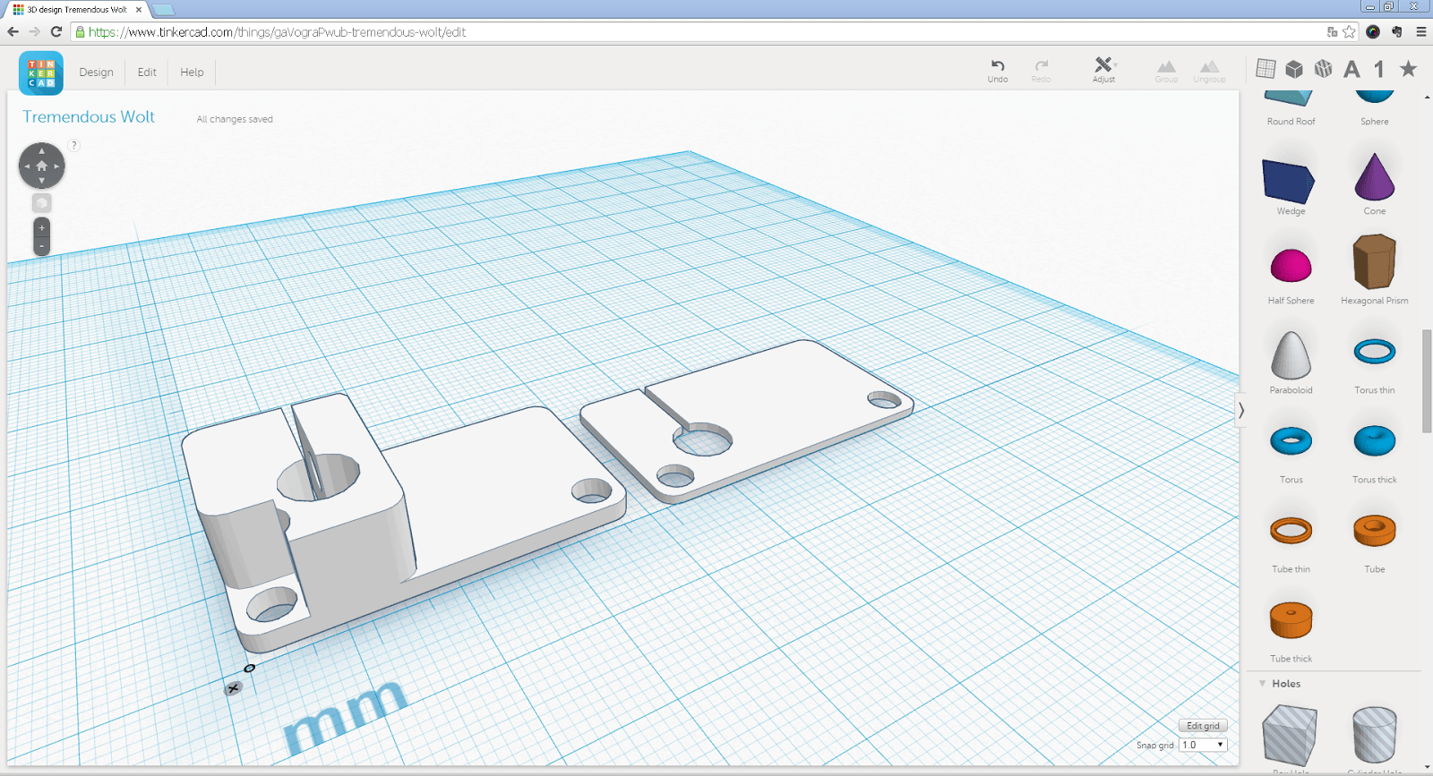 Screenshot des Bowden Tube Halters und der zusätzlichen Verstärkung der Bodenplatte in Tinkercad