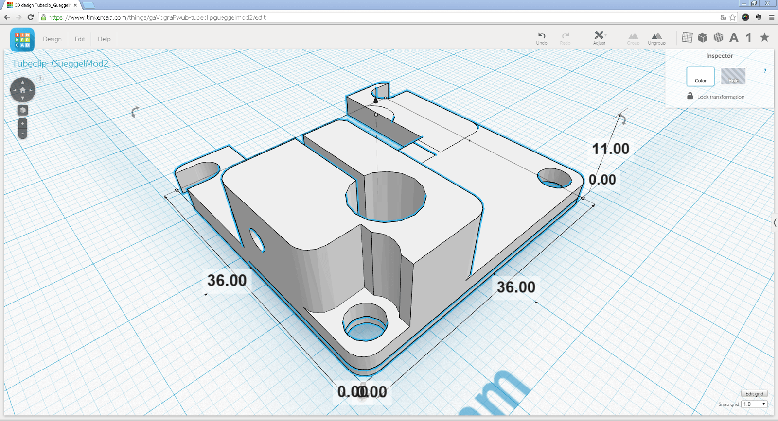 Screenshot von den letzten Anpassungen am Bowden Tube Halter in Tinkercad