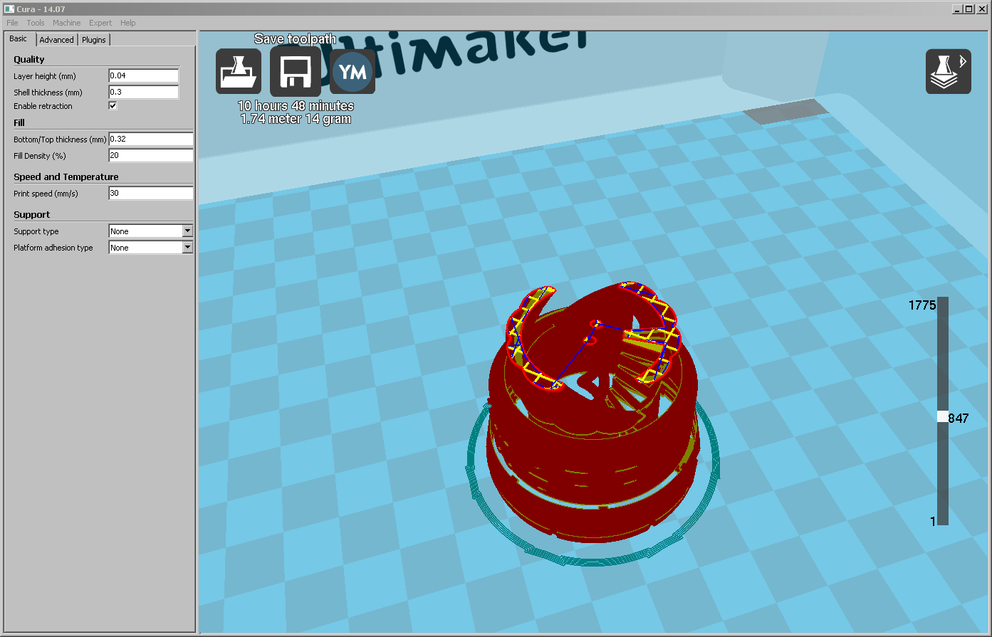 Screenshot aus Cura des Twisted Rook für den Druck auf dem Ultimaker 2