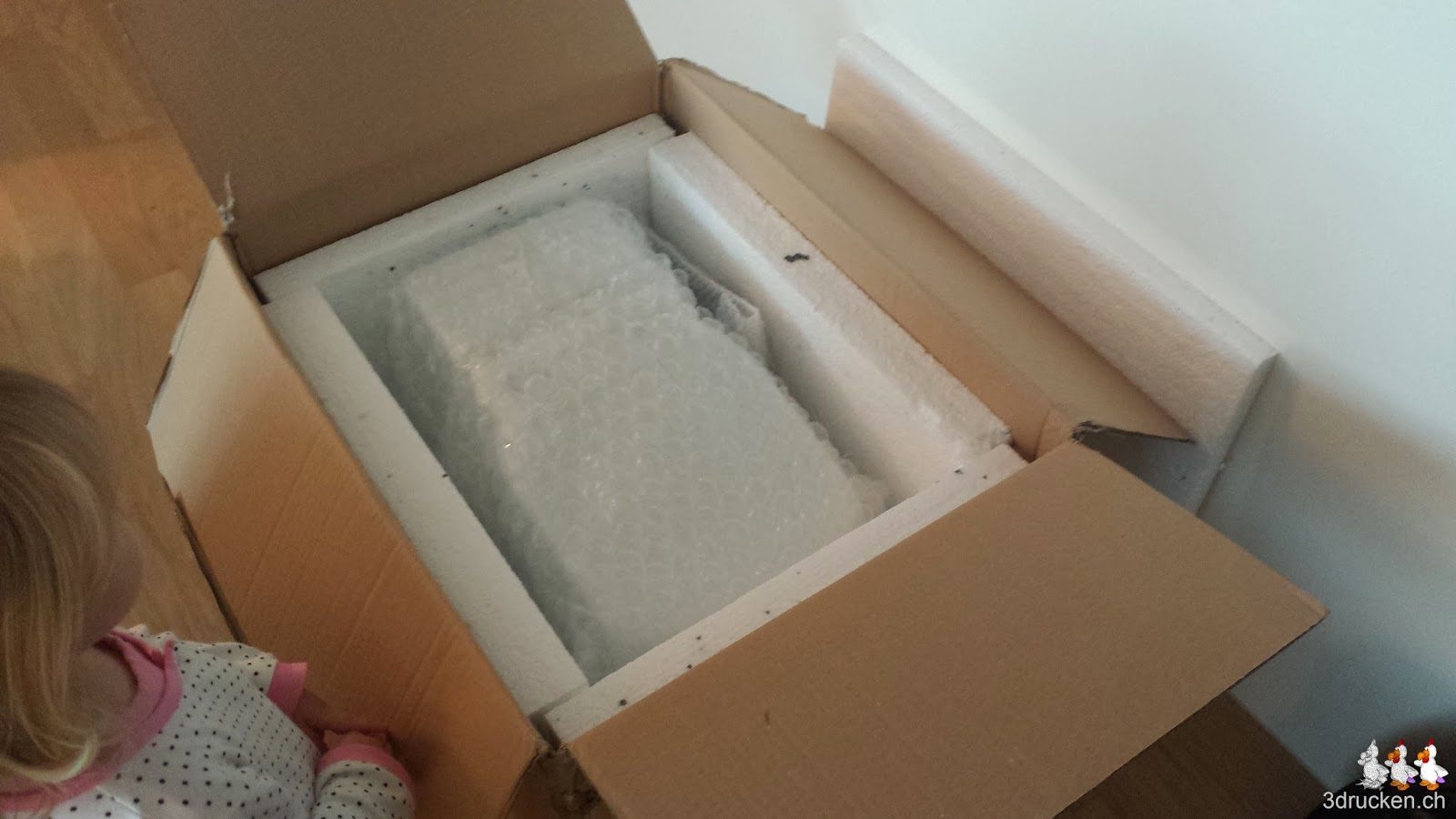 Foto der geöffneten Schachtel mit dem eingepackten Cubik 3D-Scanner drin