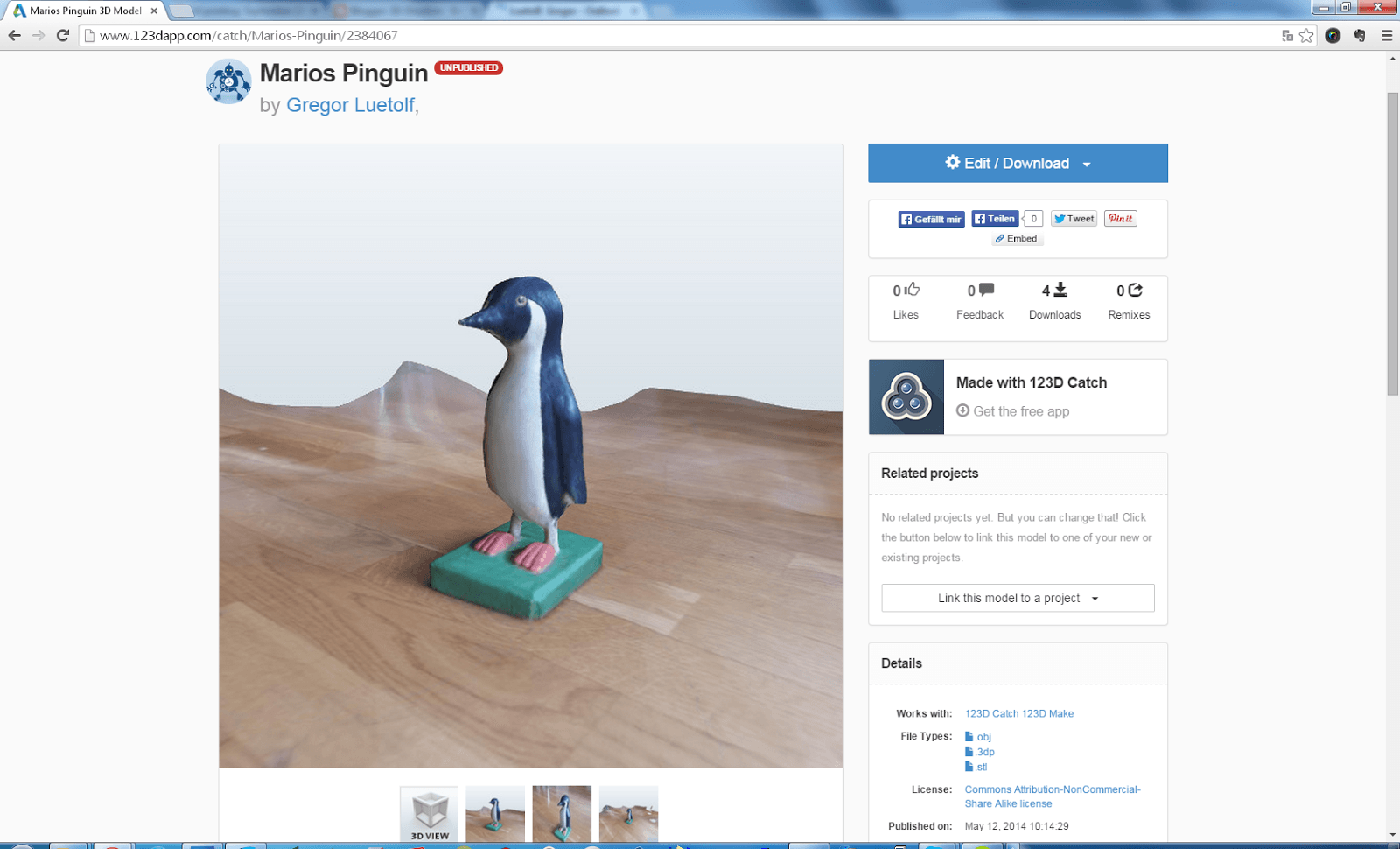 Screenshot des Pinguin-Modells von der 123D Catch Website