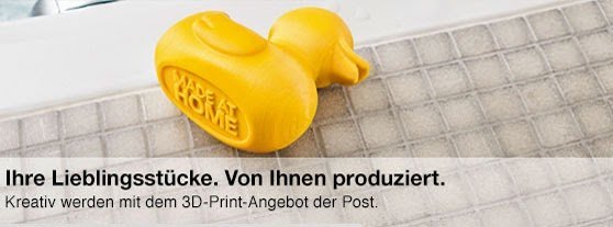 Banner mit Aufschrift: Ihre Lieblingsstücke. Von Ihnen produziert. Kreativ werden mit dem 3D-Print-Angebot der Post.