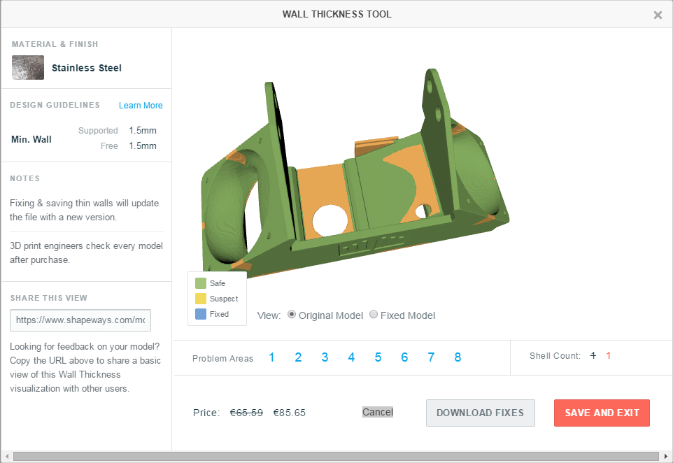Screenshot der Wandstärkeanalyse durch Shapeways am alternativen Lüftergehäuse für den Ultimaker 2