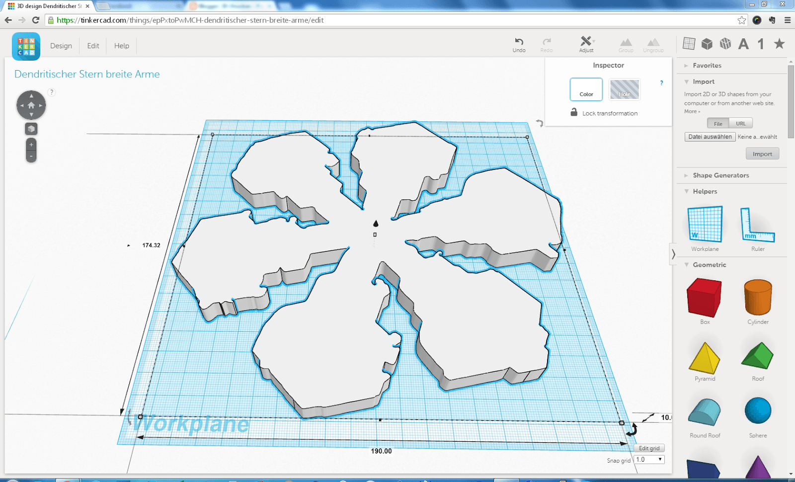 In Tinkercad importierte SVG Form des Dendritischen Sterns mit Verbreiterungen der Astenden