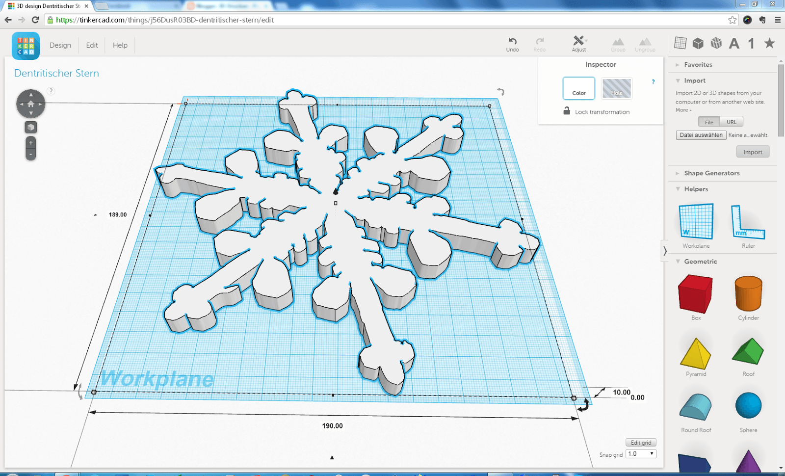 In Tinkercad importierte SVG Form des Dendritischen Sterns