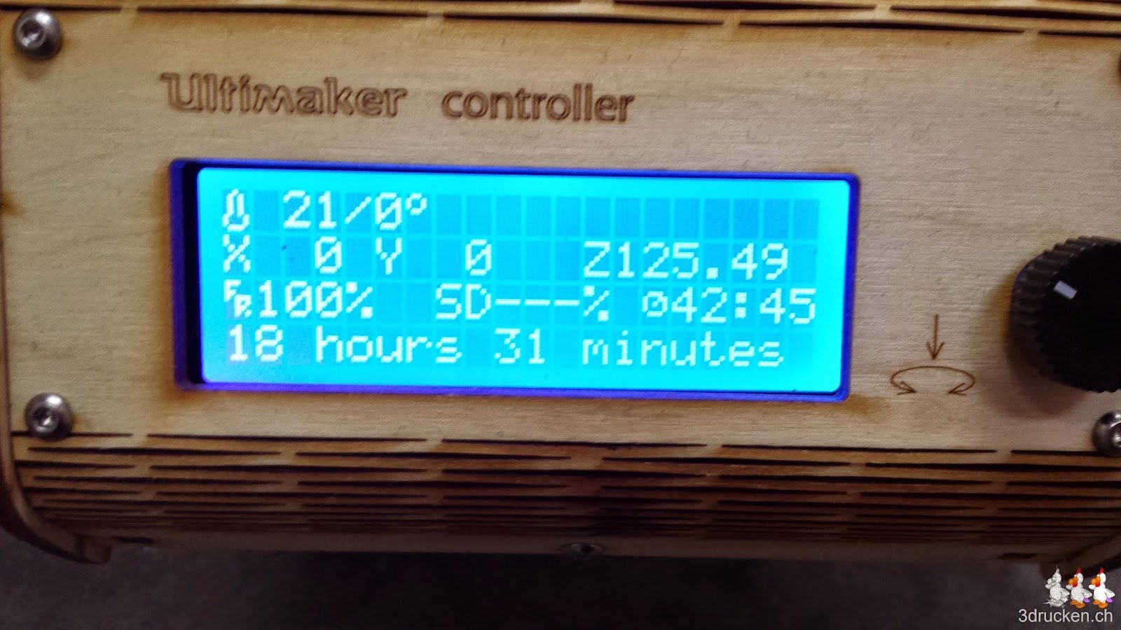 Druckzeit 18h 31min bei 0.08mm Schichten, 20% Füllung und 50mm/s