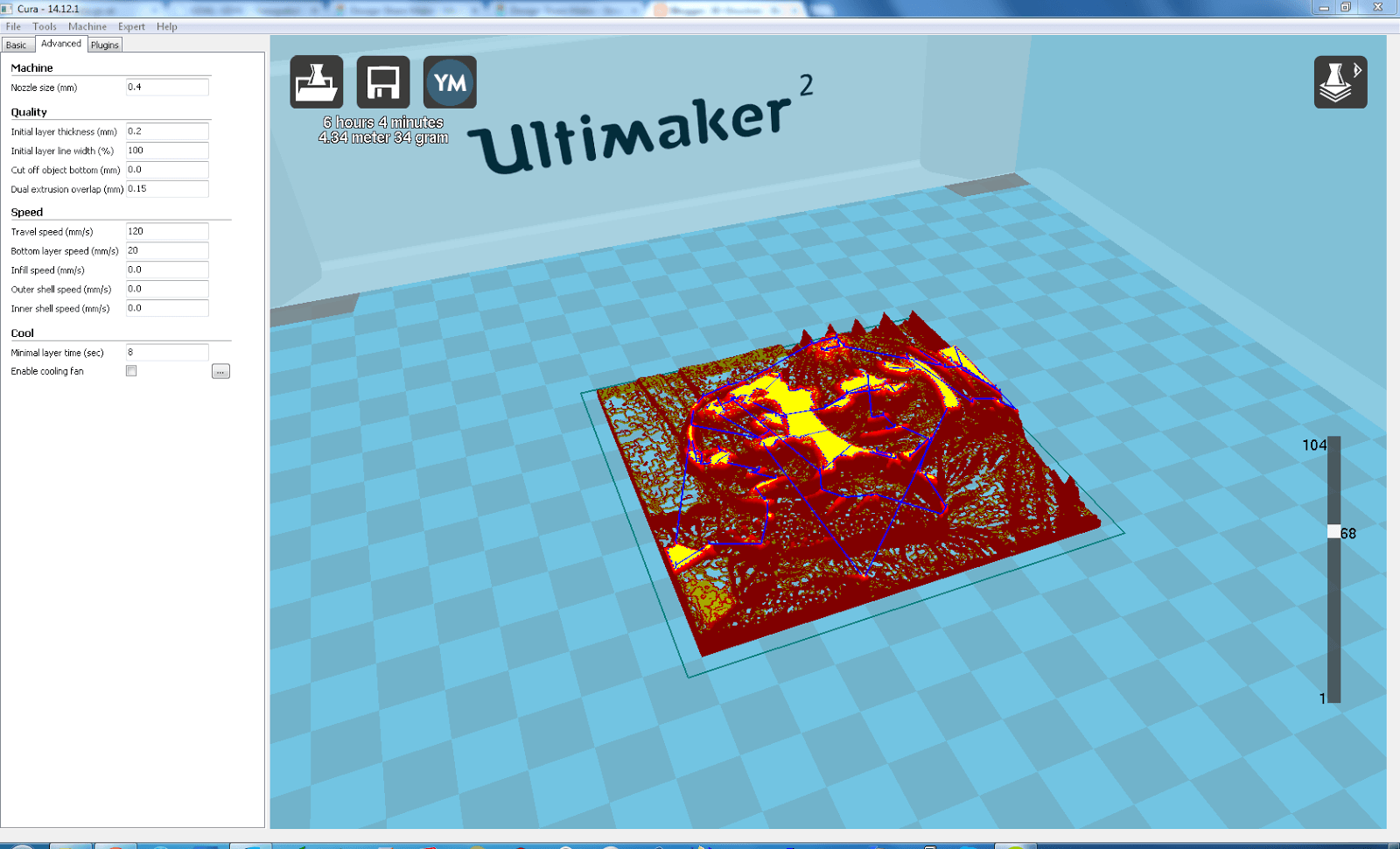 Screenshot aus Cura von der Layeransicht mit den Advanced Einstellungen