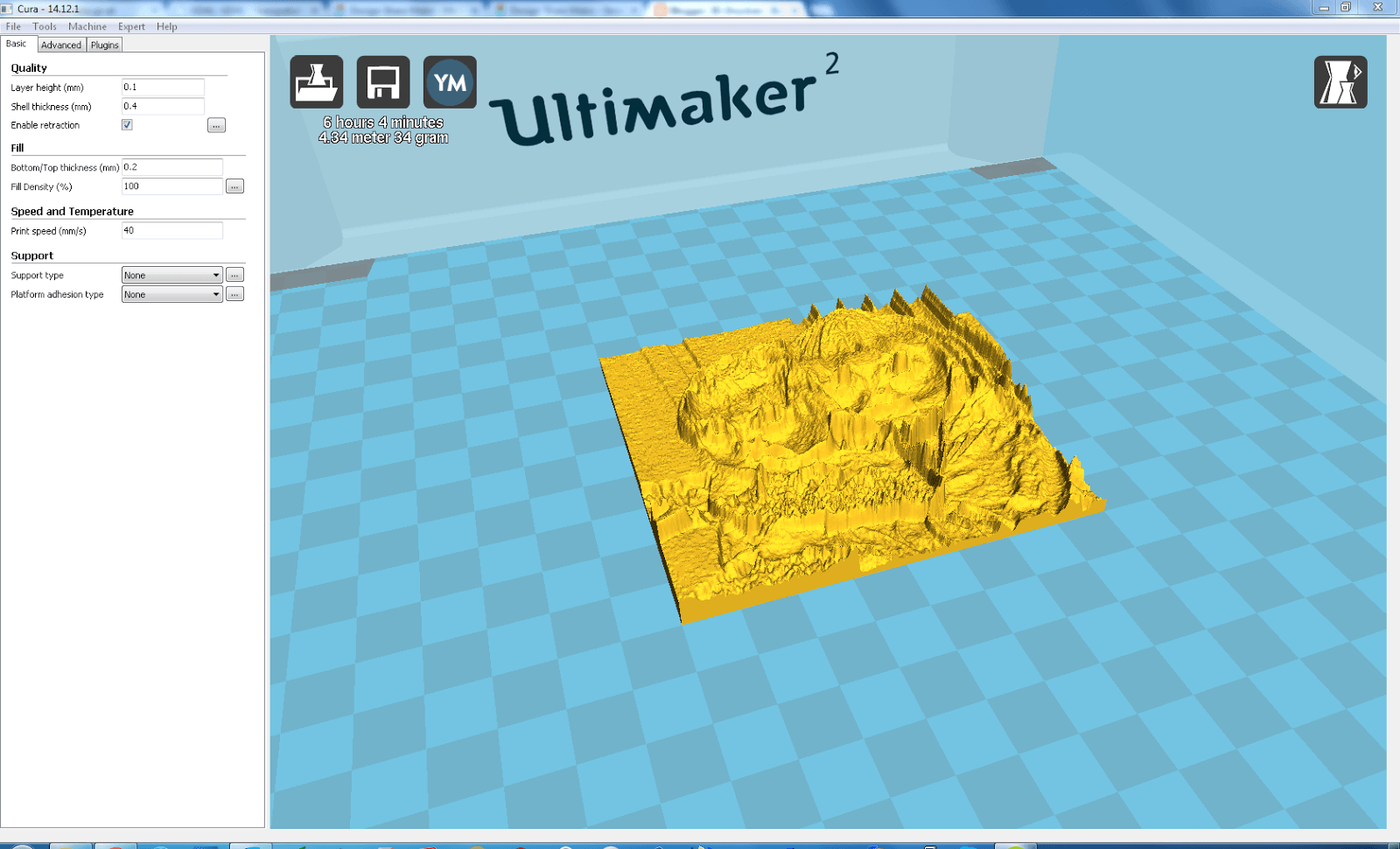Screenshot aus Cura mit geladenem Foto und den Basic Einstellungen