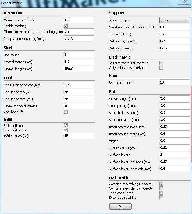 Screenshot der Expert config aus Cura mit erhöhter Minimal extrusion before retracting (mm)