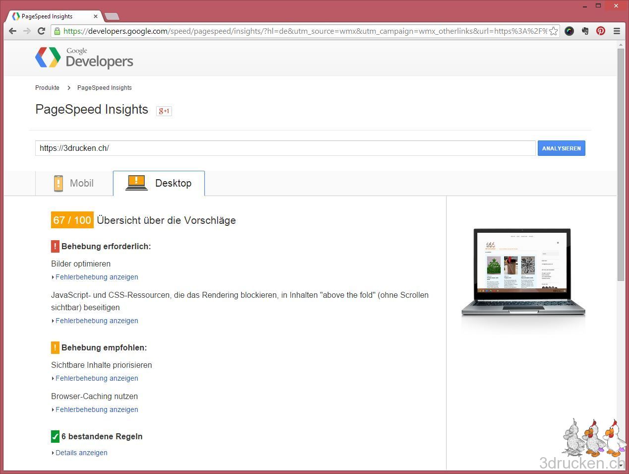 Screenshot von der PageSpeed Messung von 3drucken