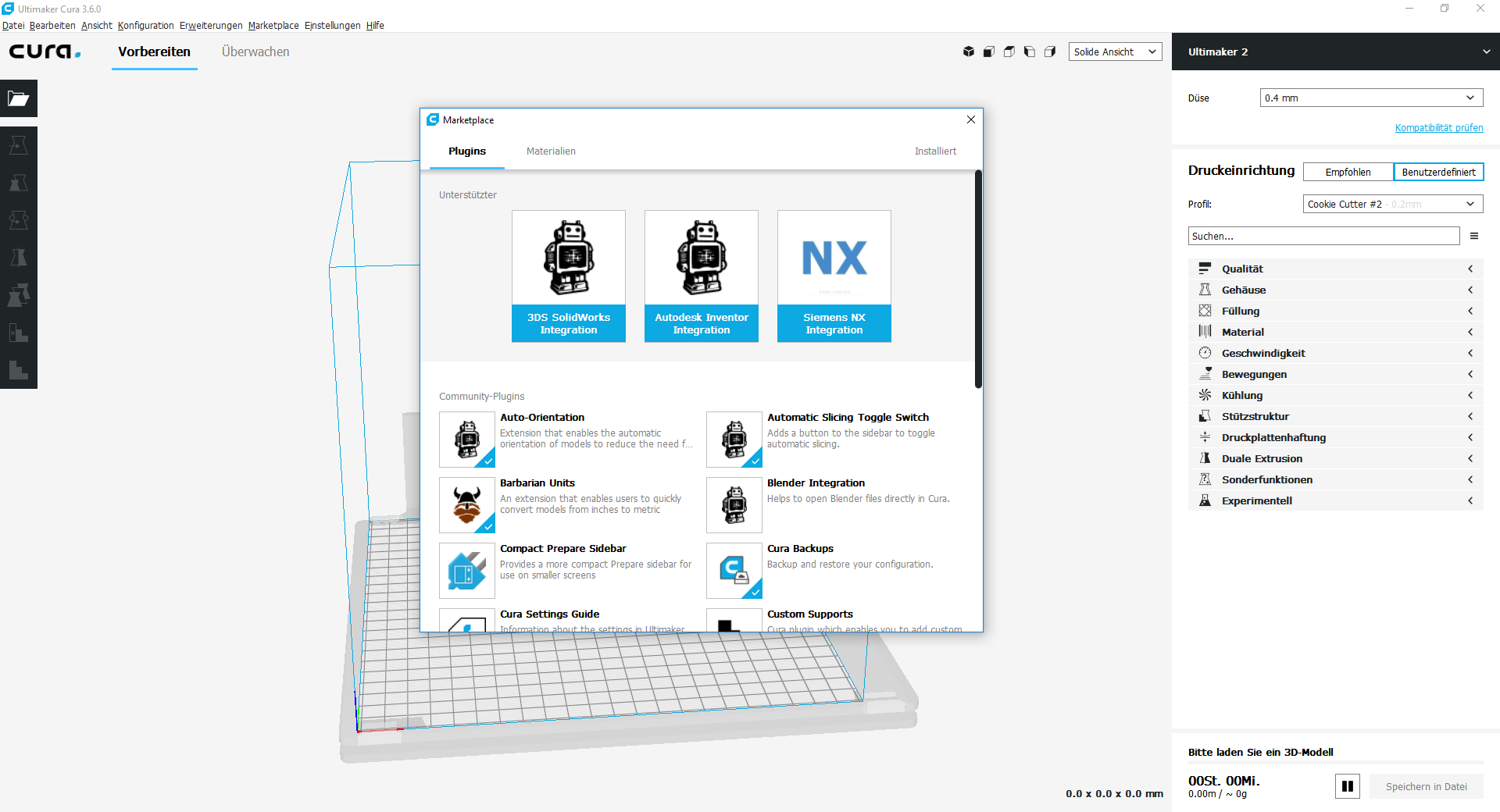 Screenshot des Maketplace in Cura 3.6.0