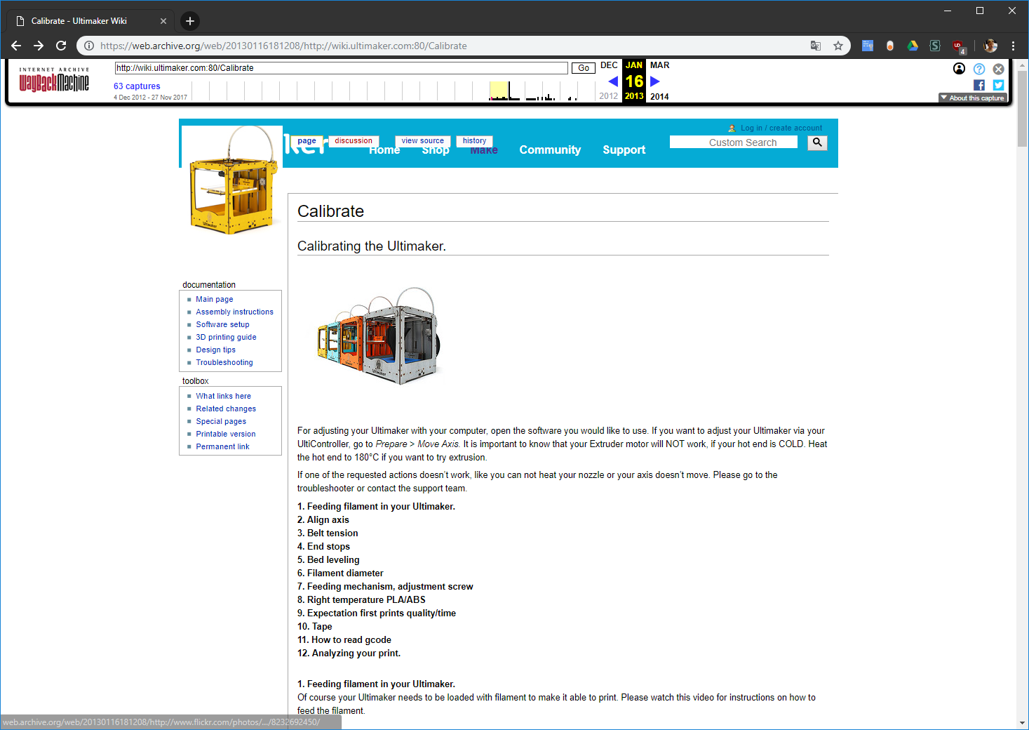 Screenshot der Seite wiki.ultimaker.com vom 16.01.2013