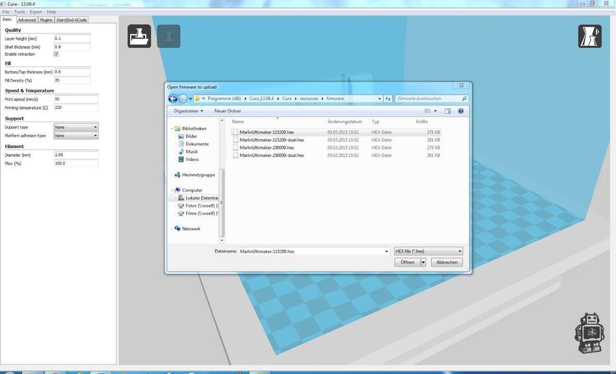 Marlin Firmware via Cura neu geladen