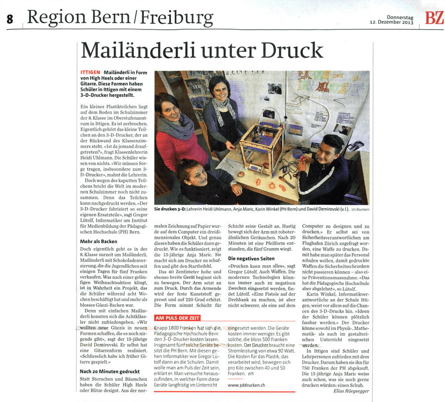 Artikel in der Berner Zeitung