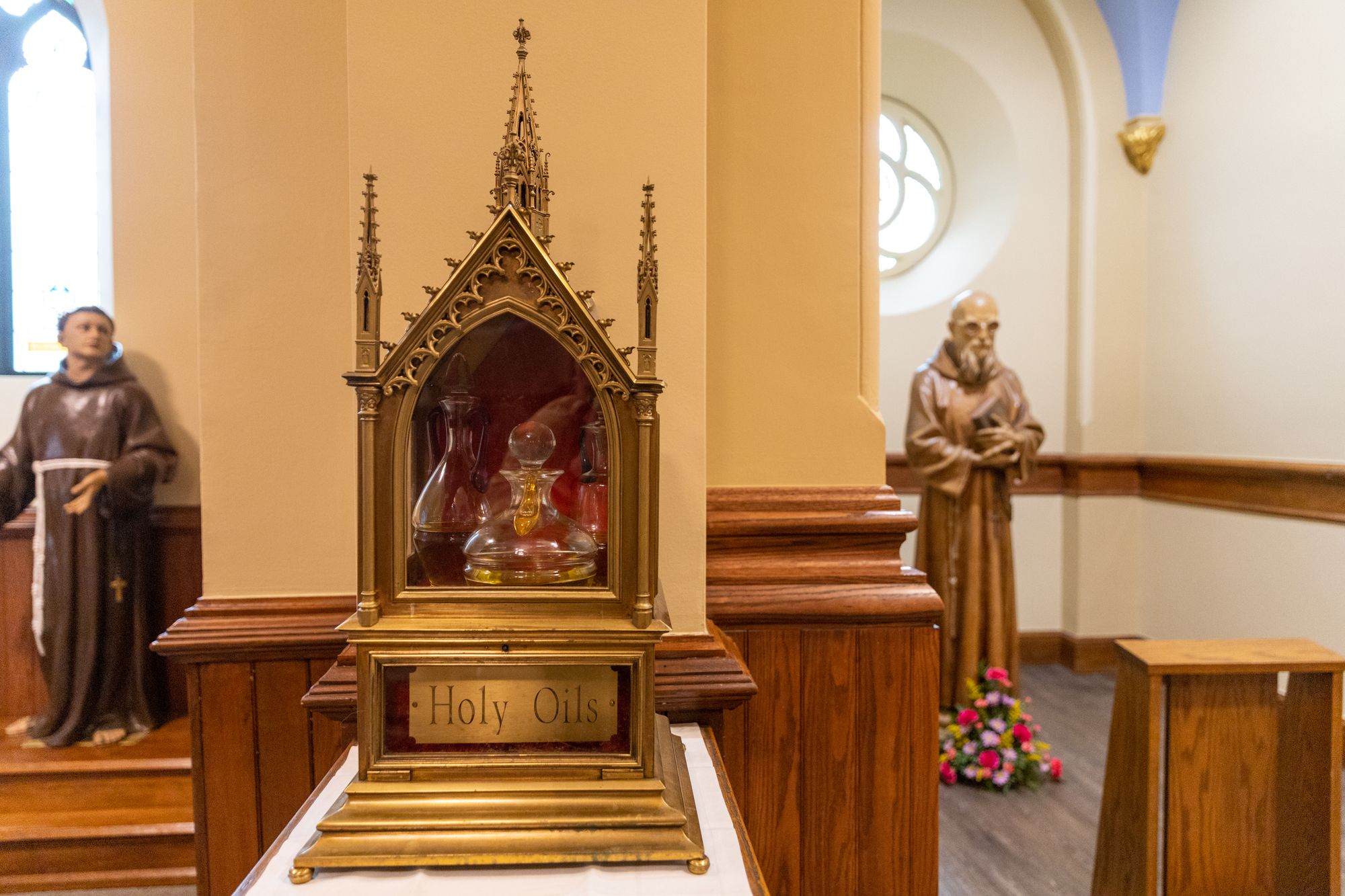 The holy oils, stored near the narthex at St. Bonaventure Chapel in Detroit.