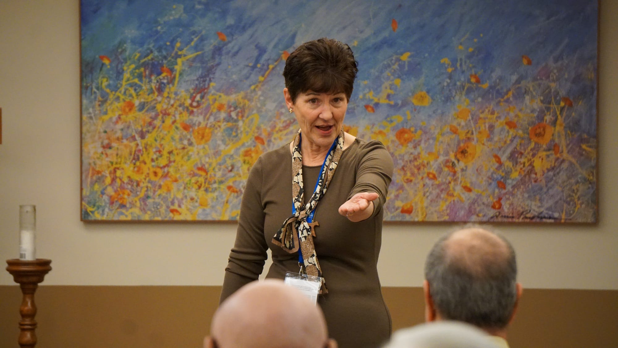 Sally McCuen, a member of the pastoral staff at Capuchin Retreat, leads a discussion during a weekend retreat.