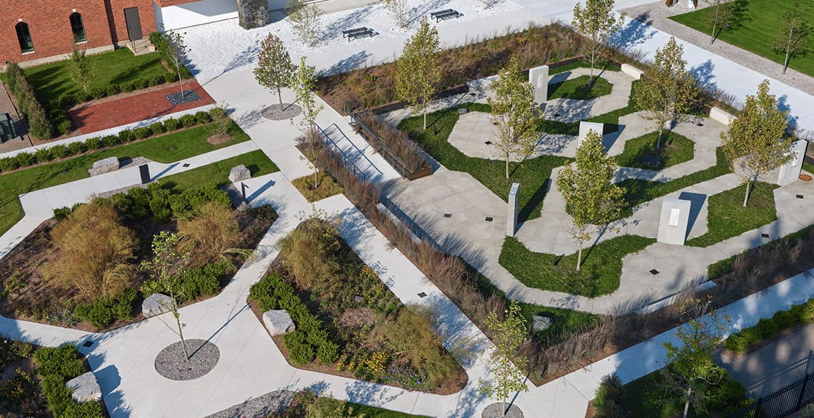 An aerial photograph of the new Rosary Garden and Stations of the Cross at the Solanus Casey Center. They were opened in late 2023 and were among the changes to the Center funded by a generous gift from the A.A. Van Elslander Foundation.
