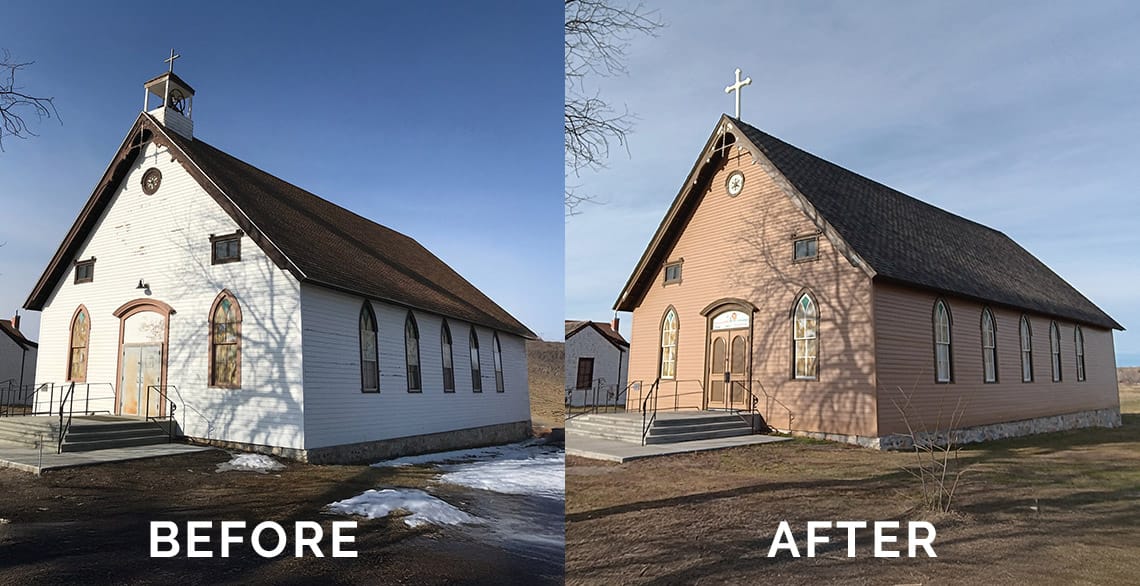 A before-and-after photo of St. Francis Xavier Church in Montana showing the exterior work done on the church.