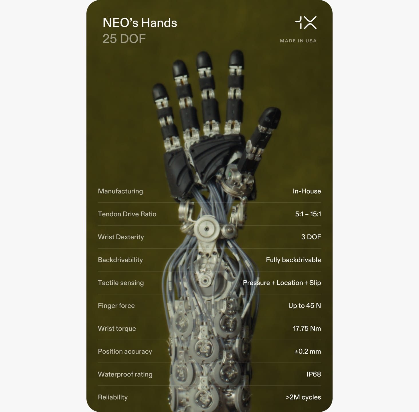 Official 1X image of an ungloved NEO robotic hand showing five articulated fingers, exposed joints, and soft tactile skin.
