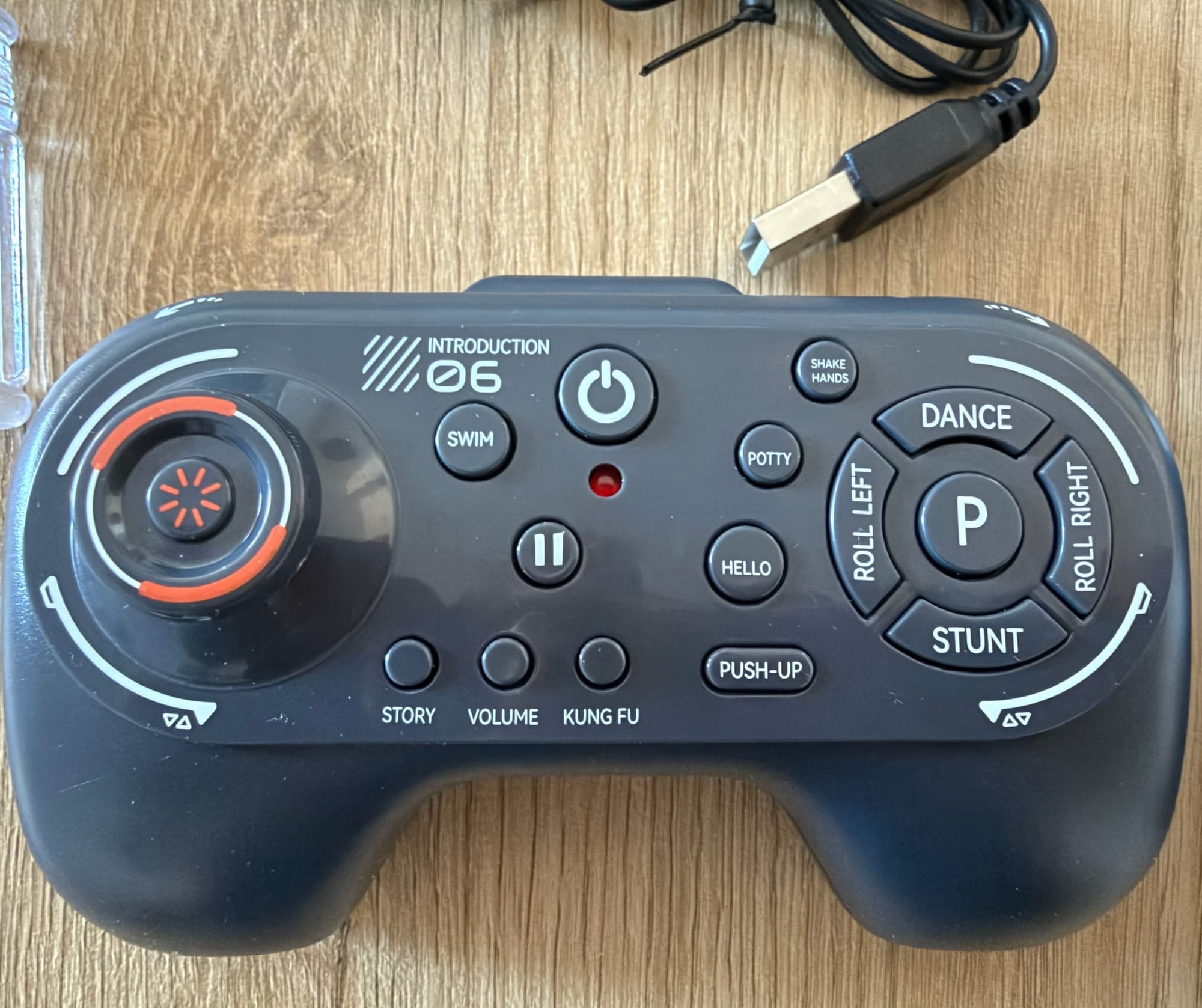 Close-up of the Ruko R1 handheld remote, showing its P button and labeled action controls.
