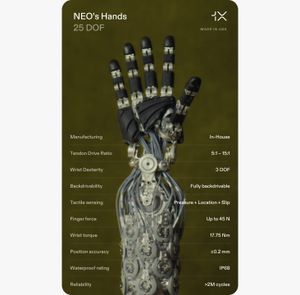 Official 1X image of an ungloved NEO robotic hand with exposed articulated fingers and tactile skin.