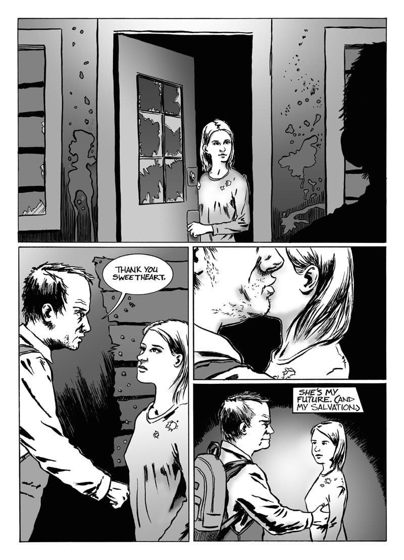 Page 2 of this black-and-white comic introduces a teenage girl who has unlocked the door of the cabin. The artwork uses stark black shadows, white highlights, and gray shading.  In the large top panel, the girl stands in the doorway while the dark silhouette of the overall-wearing man is visible at the right edge. The walls are cracked and stained, and the window and door frame cast deep shadows.   In the lower-left panel, the man faces the girl and reaches toward her; a speech bubble reading, “THANK YOU SWEETHEART” appears above him.   The lower right panel is split between a close-up of the man kissing the girl’s cheek and the man with his hand on her side as they face each other. A caption box above her head reads “SHE’S MY FUTURE. (AND MY SALVATION.)”