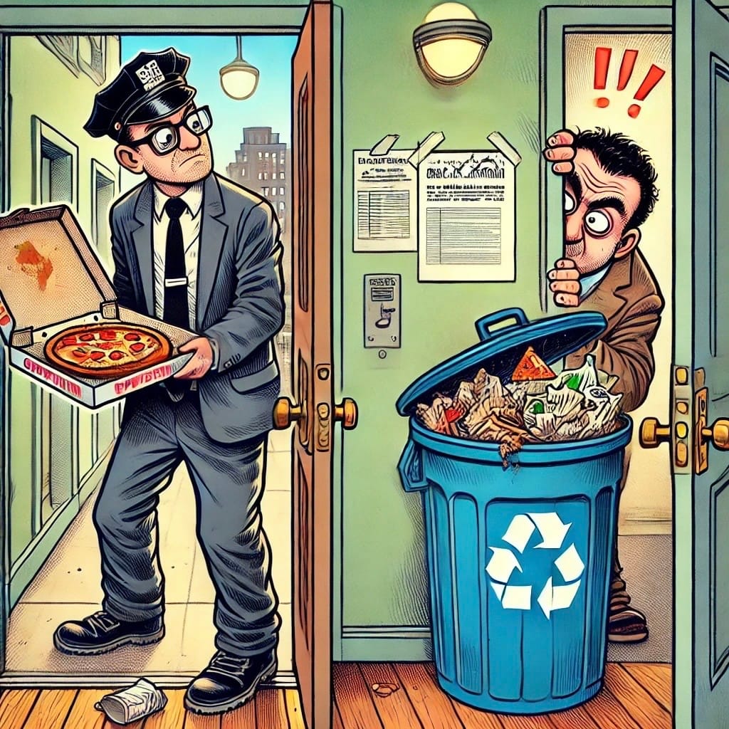 Cartoon illustration of a tenant weaponizing pizza.