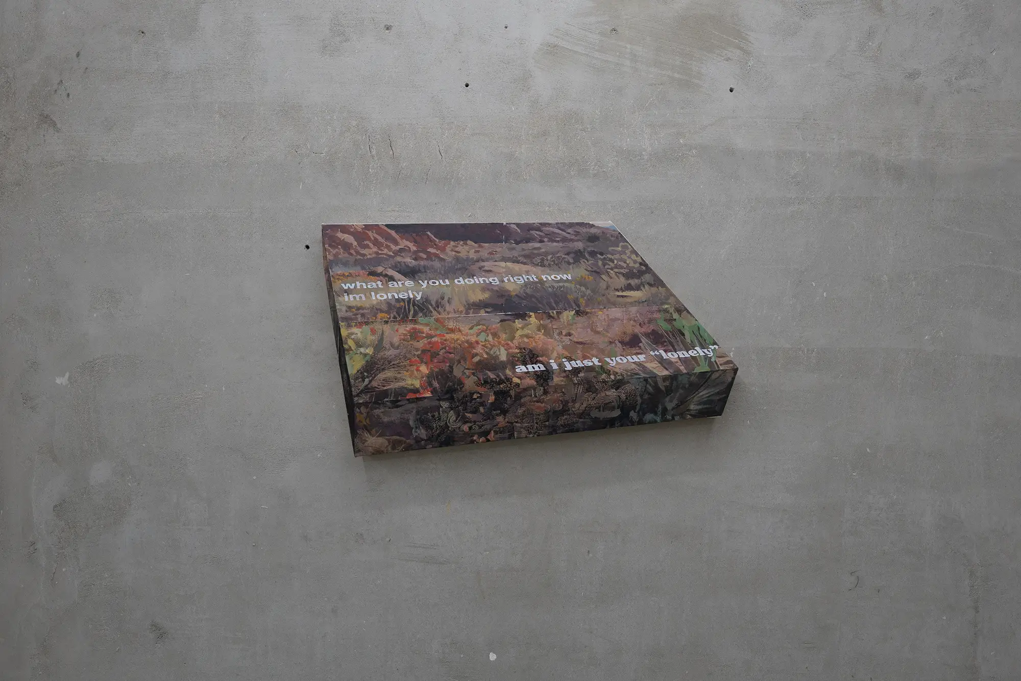 michael rikio ming hee ho detail of wall installation with a serene landscape and white text 'what are you doing right now, im lonely' and 'am i just your anxiety' overlaid on the painting