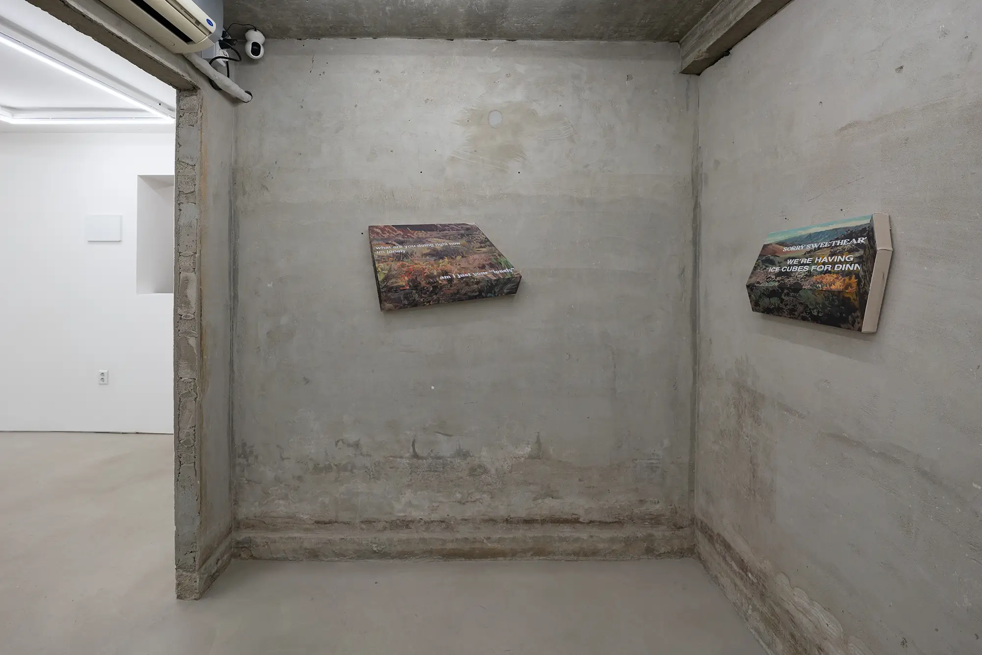 installation view of michael rikio ming hee ho's exhibit at sangheeut gallery with two text-based mixed media artworks on a concrete wall