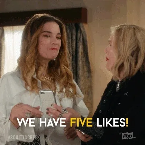 GIF from Schitt’s Creek showing two women celebrating with the text “We have five likes!” Used to highlight the futility of chasing social media validation and the importance of building a sustainable audience beyond Instagram.